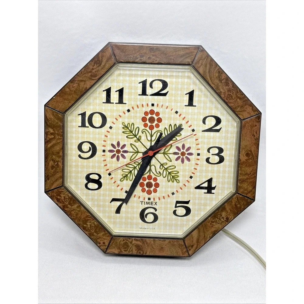 Vintage Timex Electric Wall Clock Floral 1970s Kitchen Plug In Working USA